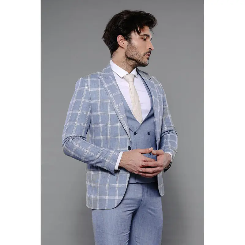 Plaid Design Men Suit China Jaket Suit Men Blue Mens Coat Pant Designs Wedding Suit