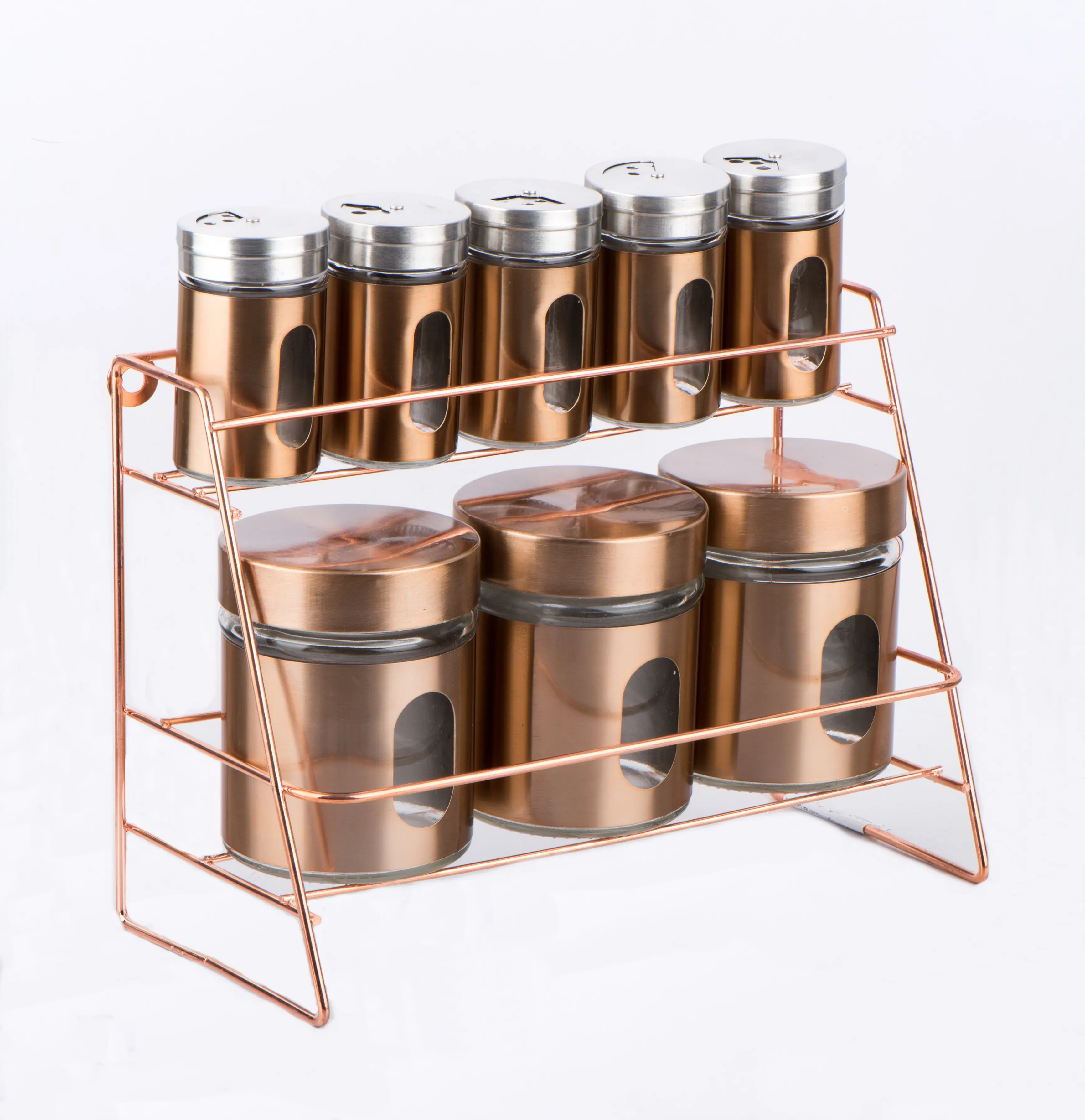 Boîte à sel et poivre en verre scellé, ensemble de pots de rangement avec boîtier en acier inoxydable de couleur cuivre et support en métal, 8 pièces