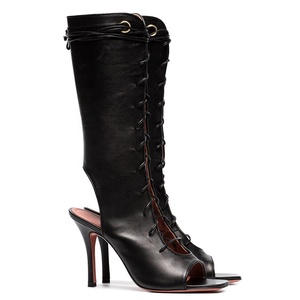 <span class=keywords><strong>Bottes</strong></span> demi-sandales à talons <span class=keywords><strong>pour</strong></span> femmes, chaussures de gladiateur noires, grande taille, mi-mollet, Sexy, bout ouvert, lacets, Slingback, été, - Product Image 2