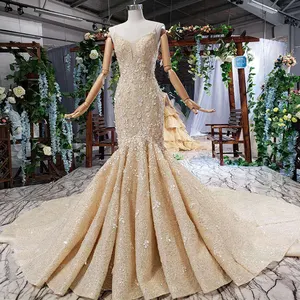 Jancember HTL556 Gaun Pernikahan Mewah, Gaun Kain Renda Elegan Applique Putri Duyung Kristal 2019