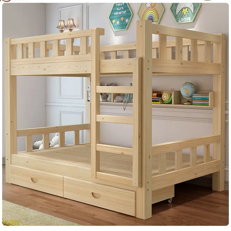 Litera de madera duradera para jardín de niños, cama doble de madera con estantería