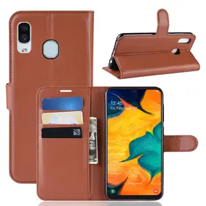 Case Ponsel Kulit PU Samsung Galaxy A20, Casing Ponsel Kulit PU Flip Cover, Case Telepon untuk Samsung Galaxy A20