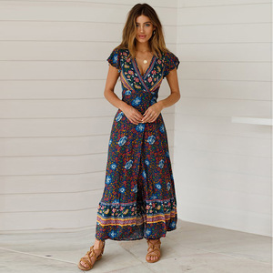 A Vita alta Floreale Con Scollo A V Boho delle Donne Maxi Abito <span class=keywords><strong>Manica</strong></span> <span class=keywords><strong>Corta</strong></span> Split Lace UP Wrap <span class=keywords><strong>Vestiti</strong></span> <span class=keywords><strong>Lunghi</strong></span> Delle Donne 2019 di Estate abiti da spiaggia - Product Image 3