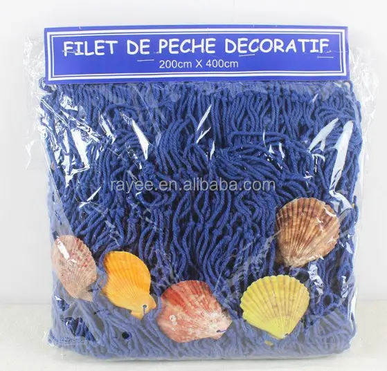 Filets de pêche décoratifs en coton, pour cadre mural créatif, brun avec détails nautique, 120x250cm