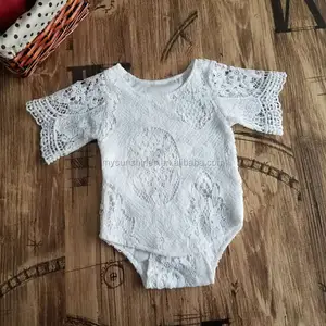 Baju Monyet Renda Bayi Perempuan, Pakaian Lengan Pendek Musim Panas Warna Putih Polos untuk Bayi