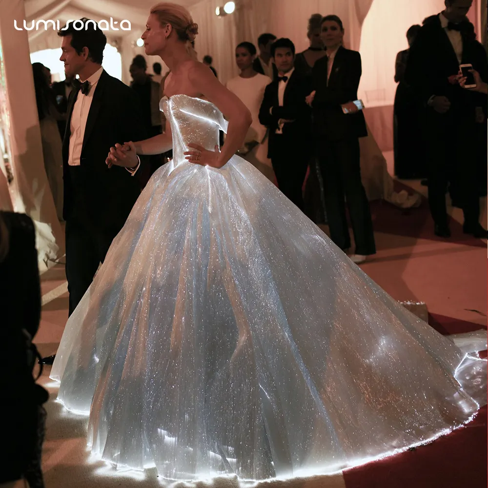 Hotsale RGB LED Light up evening dress Luminous fabric Ball Gown Wedding dress fiber optic dinner gown