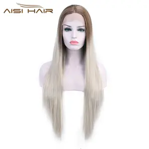 Aisi Hair Silky Straight Synthetic Lace Front Wigs Ombre BrownにGray Heat Resistant Wigs Lace Front Middle Part WigためWomen