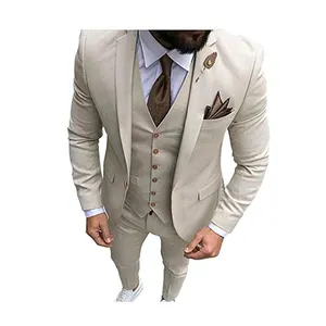 Esmoquin de 3 piezas para hombre, chaqueta ajustada, pantalón, chaleco, color Beige, marfil