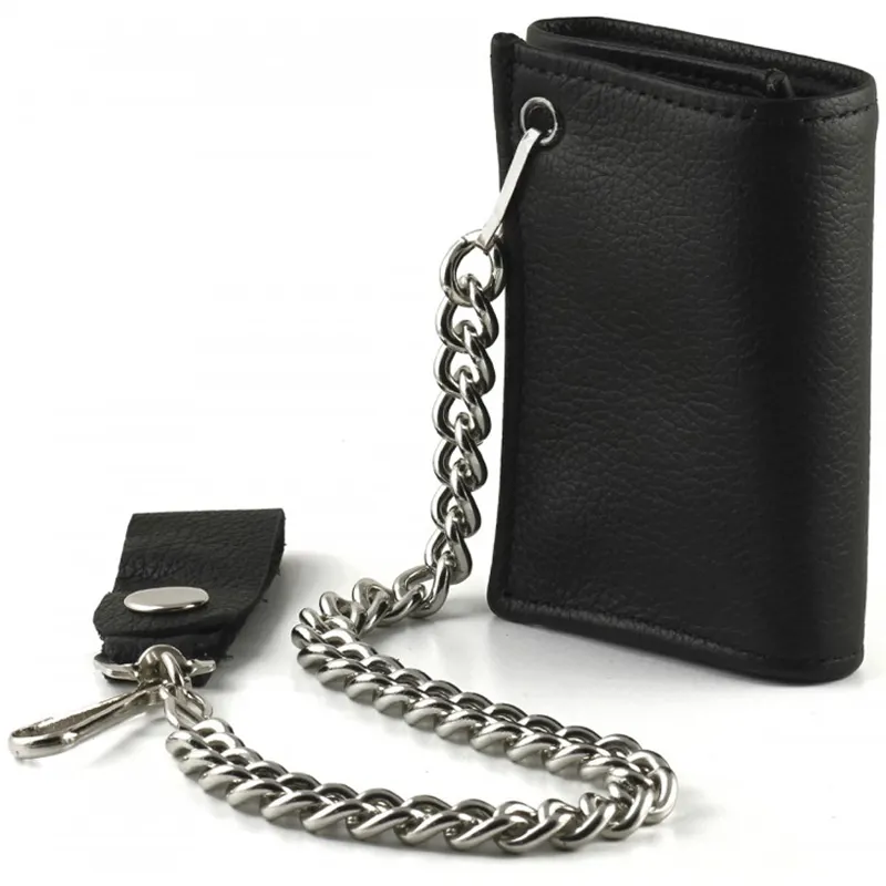 Anti Theft Lost Men's Chain Wallet Custom RFID Blocking Trifold Genuine Leather Biker Chain Wallet For Men