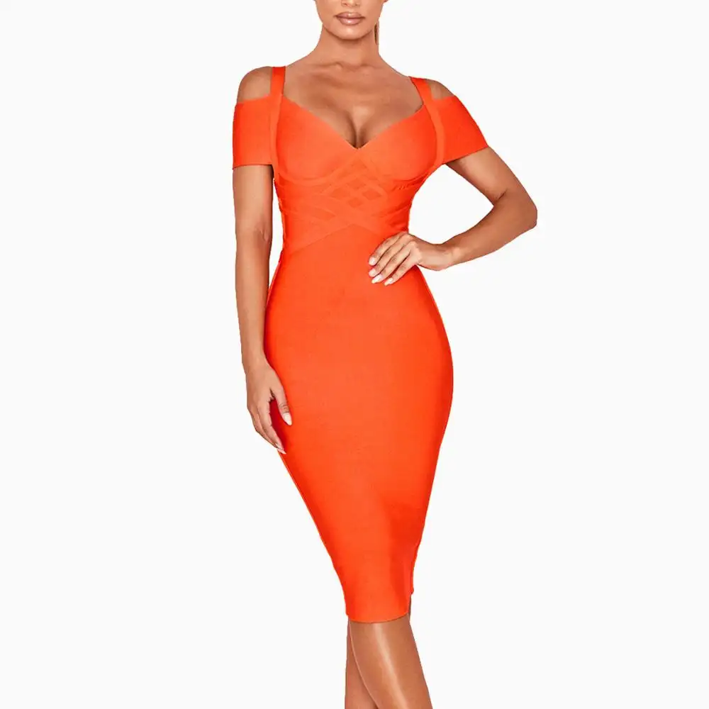 Gaun malam pensil oranye mode baru gaun pesta gaun seksi wanita kasual terbaru kain perban pakaian musim panas dewasa