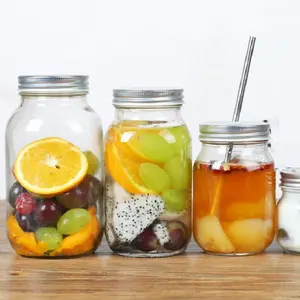 Glass Jar Mason Jar 16oz 32oz Fruit Salad Containers Glass Mason Jar Clear Custom Glass Drinking Jar With Metal Screw Lid