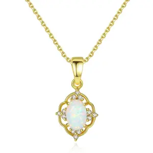 CZCITY 925 Sterling Silver Stylish Necklace Gold Plated Fashion Girls Fire Opal Pendant Necklaces Jewelry