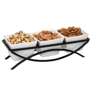 Relish tray 3 pieces porcelain nut snack food serving bowl set with metal rack