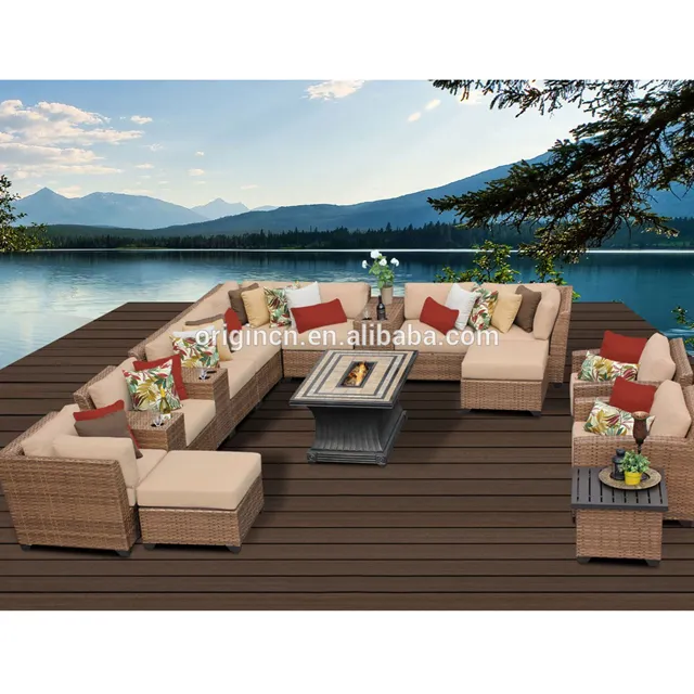 Klassieke Tuin Grote Sofa Set Met Rechthoekige Vuurkorf En Chaise Lounge Ontwerp Goed Gebruikt Rieten Meubels