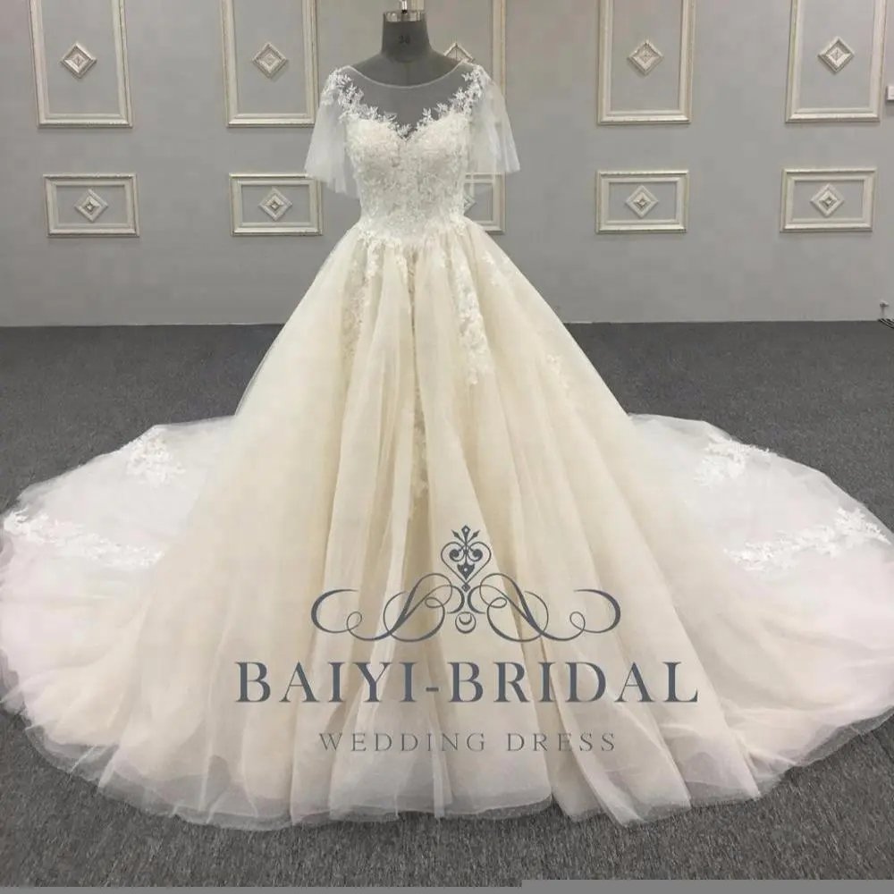 Elegante Een Lijn Bruidsjurken Alibaba Korte Mouwen Lace Zachte Tulle Bridal Jurk Met Button Terug