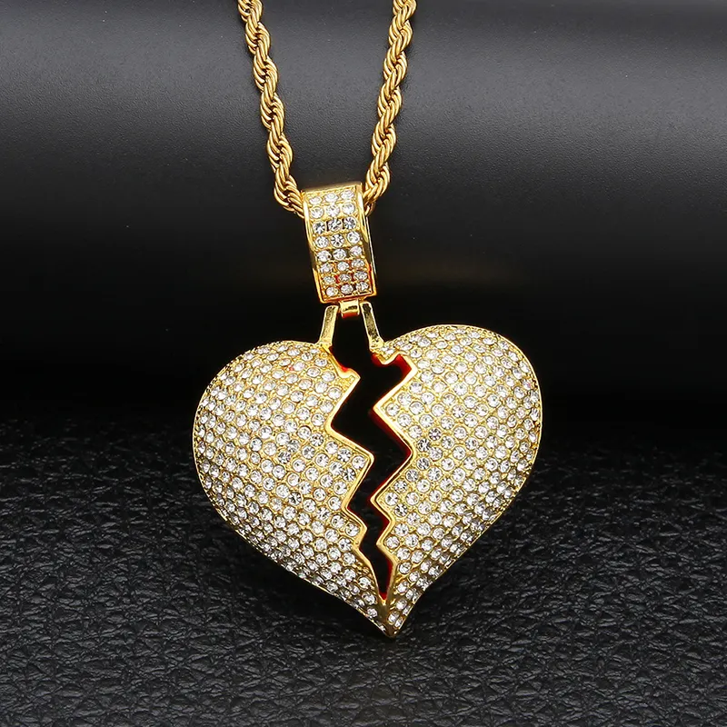 Mode Gebroken Hart Iced Out Chain Hanger Ketting Twist Ketting Goud Kleur Bling Kubieke Zirkoon Mannen Hip Hop Ketting (KHP012)