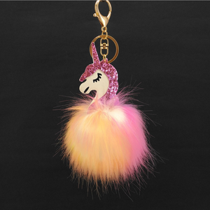 Yongze cara pompom llavero unicornio mullido Faux fur puff bola colorida bola peluda unicornio llavero - Product Image 2