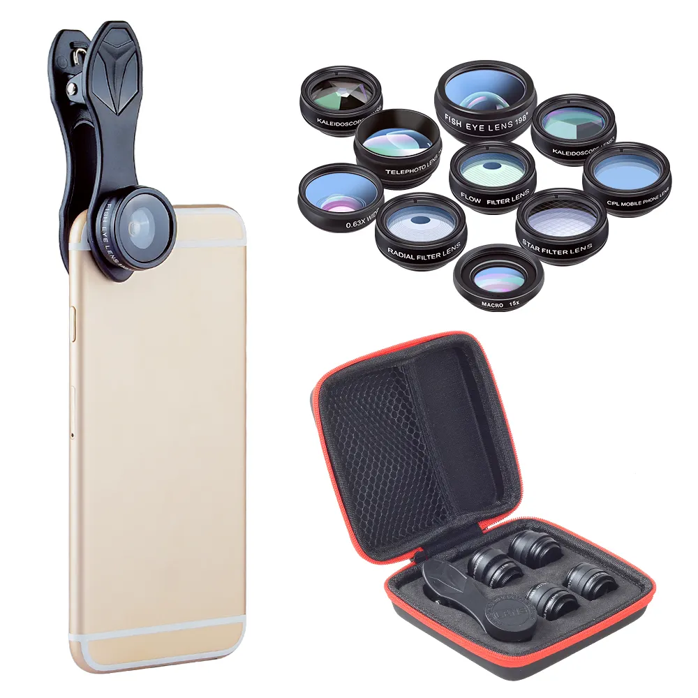 Apexel 10 in 1 Weitwinkel-Makroobjektiv-Smartphone-Objektiv-Kit mit CPL-Unterstützung OEM-Bestellung