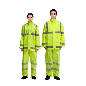 工作防水PVC荧光绿色安全雨衣带反光带
