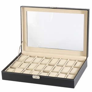Boîte <span class=keywords><strong>de</strong></span> <span class=keywords><strong>rangement</strong></span> pour montres à bracelet pour <span class=keywords><strong>homme</strong></span> en cuir PU noir à 24 emplacements Grande capacité avec couvercle en verre - Product Image 4