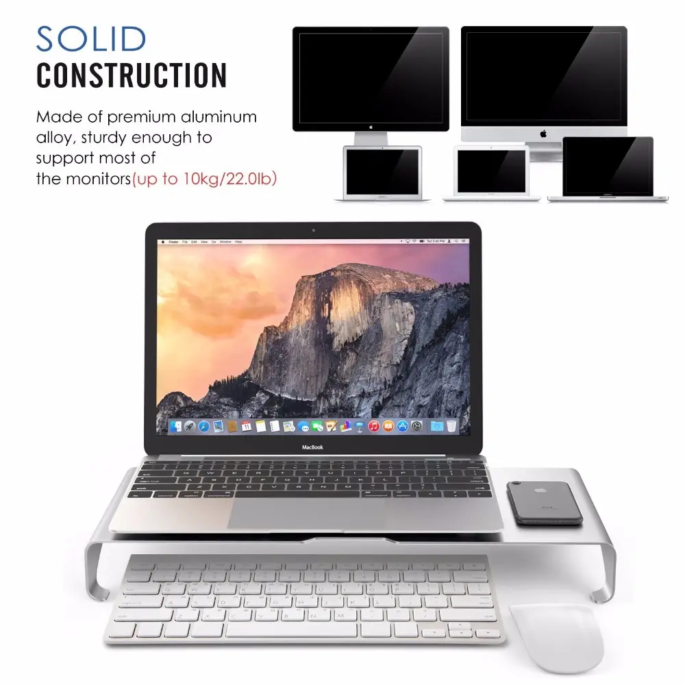 High quality aluminium desktop pc laptop computer monitor riser stand keyboard storage organizer