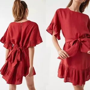 Lancai özel keten yaz moda rahat baskı zarif kırmızı pamuk ve keten fırfır seksi bodycon Wrap mini akşam parti elbise