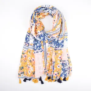Wholesale 2020 new style fringed hijab scarves fashion yellow block floral print tassel women soft cotton scarf