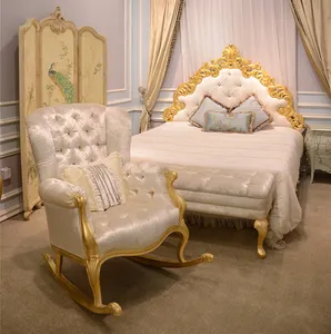 French Style <strong>Antique</strong> Hand Carved Solid Wood Leisure <strong>Chair</strong> White Fabric Recliner <strong>Rocking</strong> <strong>Chair</strong> BF08-J0002 - Product Image 1