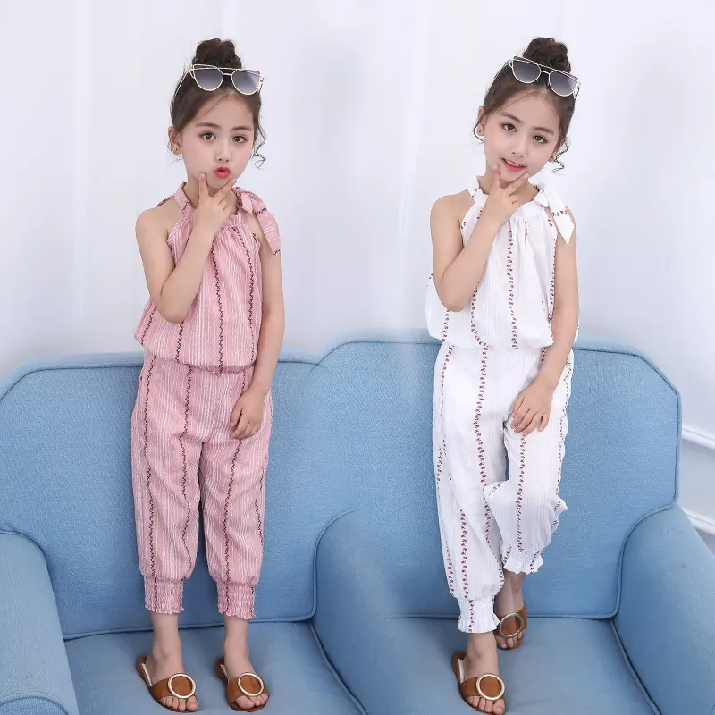 2018 el más nuevo traje de moda dulce chicas de verano de los niños de algodón a rayas de dos piezas de los niños conjuntos de ropa