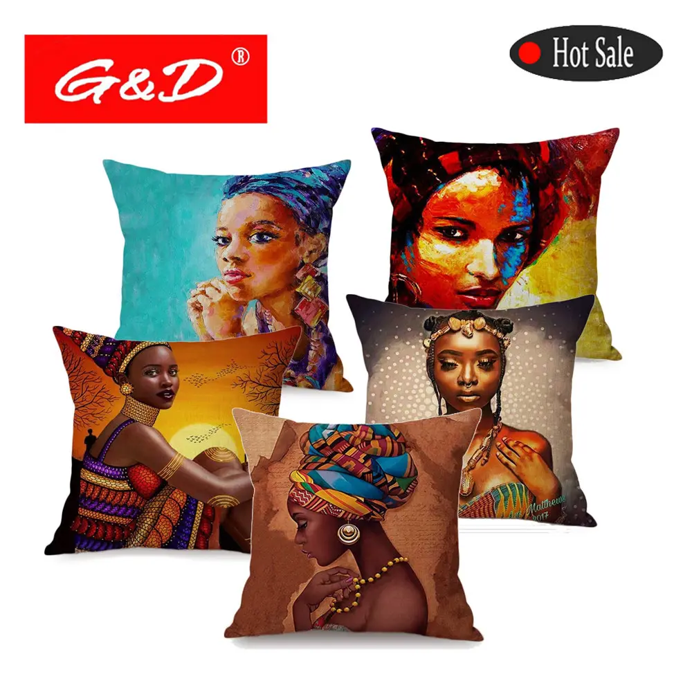 G & D แฟชั่นแอฟริกันภาพวาดสีน้ำมัน Art House ตกแต่งโซฟาผ้าฝ้ายลินิน Cushion Cover