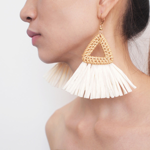 Orecchini Pendenti HANSIDON a <span class=keywords><strong>Triangolo</strong></span> in Paglia e Rattan per Donne, Grandi Orecchini Bohémien con Nappe in Rafia, Gioielli alla Moda - Product Image 2