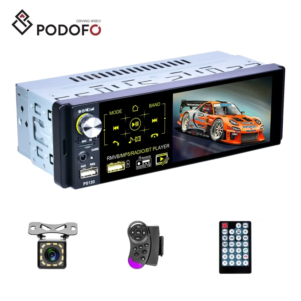 Podofo 1 Din Car Stereo Autoradio 4.1 "HD Capacitive Touch Screen AUX USB RDS P5130 + Steering Wheel Control & 12LED Camera