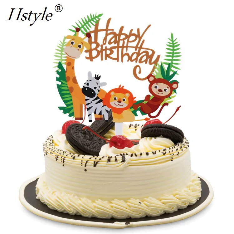 Cartoon Cute Jungle Animal Theme Happy Birthday acrilico Cake Topper per Baby First Birthday Shower decorazioni per feste PQA017