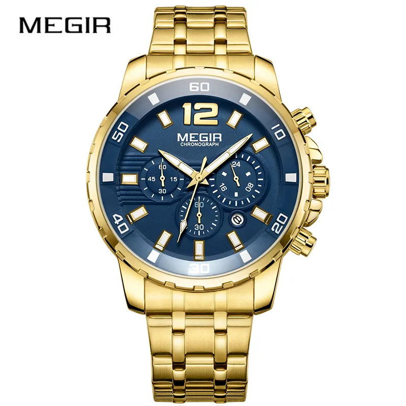 Top Brand Watches New Men Business Calendar Chronograph Luminous Clock Quartz Heavy Dial Megir 2068 Mens Luxury Watch