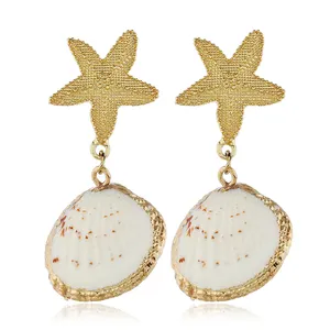 Brincos de concha femininos, joias de ouro com pingente de espécie estrelada natural