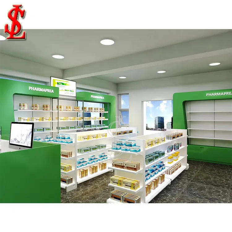 Tienda de muebles de farmacia, estantes de vidrio de farmacia, diseño de interiores de farmacia
