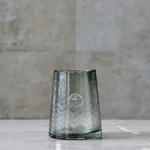 Bixuan Candleholder Grey Glass Tower Shape Tealight Holder with Anchor Badge & Wave Lines Decor Table Centerpieces Vases Accent