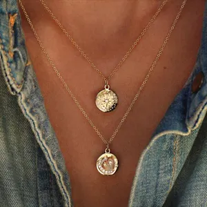 Акция Модные женские европейские ювелирные изделия с гравировкой Луна Звезда Звездный Взрыв Круглый диско Шарм монета кулон ожерелье