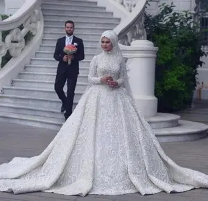 Gaun Pengantin Arab, Gaun Leher Tinggi Lengan Panjang Hijab MusLim