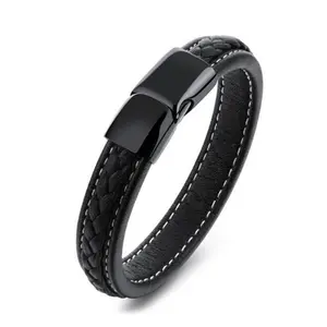 Bulk Buy From China High Quality Men Black Magnetic Clasps For Flat Genuine Leather Bracelet Wholesale Fashion Jewelry