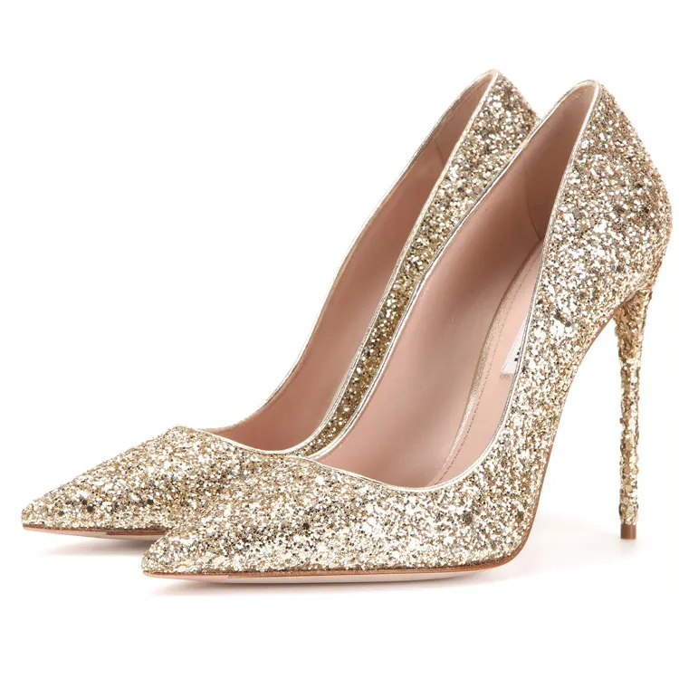 fashion shiny gold elegant pencil high heels women pumps pointed toe shoes designer heels ladies sexy bridal wedding gowns shoe