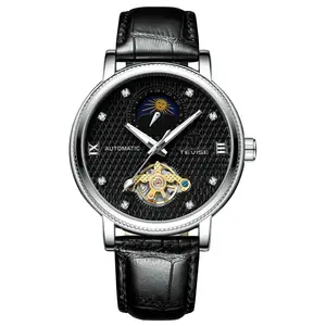 Tevise relógio e pulseira de couro masculino, relógio fashion casual t612 automático de couro mecânico, relógio de negócios, fase de lua, turbilhão
