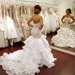 NE087 Kedatangan Baru Gaun Pengantin Putri Duyung 2023 Seksi Sweetheart Appliques Renda Vestido De Noiva Organza Ruffles Gaun Pernikahan