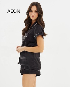 Luxury Blank <strong>Silky</strong> Satin Short Pyjamas Set for Women 2pcs <strong>Top</strong> and Shorts Pajama Set With Contrast Piping - Product Image 2