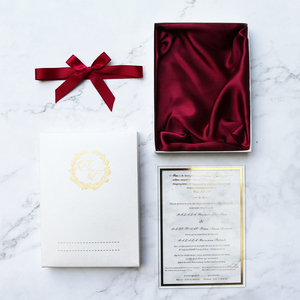 Élégante invitation de mariage en acrylique transparent avec feuille d'or, boîte et nœud en ruban de soie <span class=keywords><strong>bordeaux</strong></span> - Product Image 2