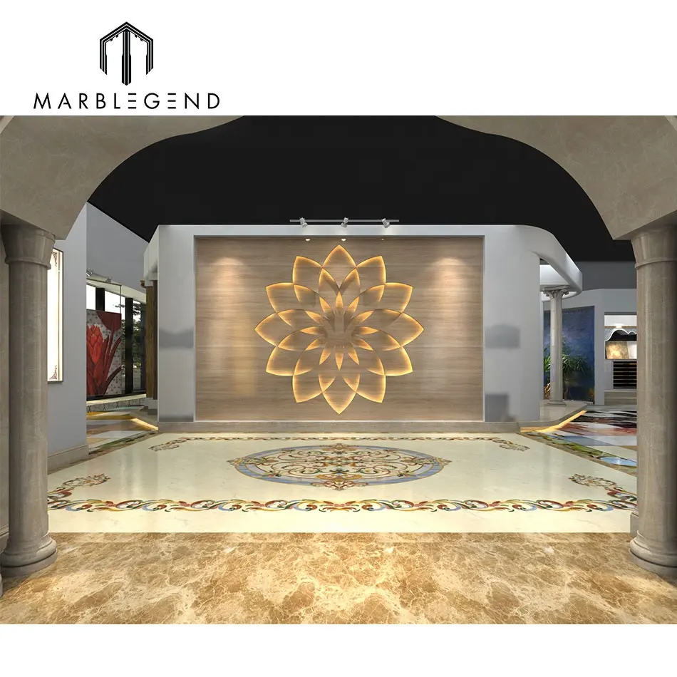 Private custom villa marble waterjet medallion flooring Lotus travertine beige feature wall marble