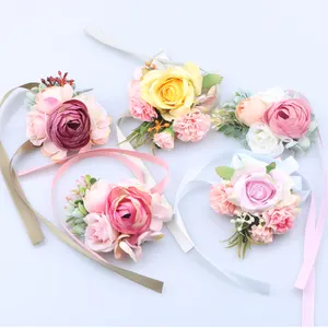 En çok satan popüler düğün bilek çiçekler mutlu düğün malzemeleri flora kız dekorasyon bilek çiçek bandı