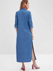 KY Lady Loose Fit Largo hasta el tobillo Manga larga Bolsillos Abertura lateral <span class=keywords><strong>Camisa</strong></span> con botones Vestido <span class=keywords><strong>de</strong></span> mezclilla <span class=keywords><strong>azul</strong></span> - Product Image 4