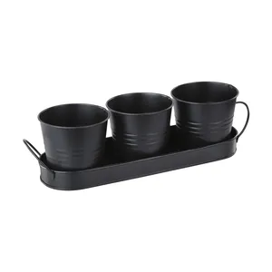 Set Of 3 Galvanized Metal Bucket Powder Coated Black Color Flower Planter Tray With Round Herb Pots