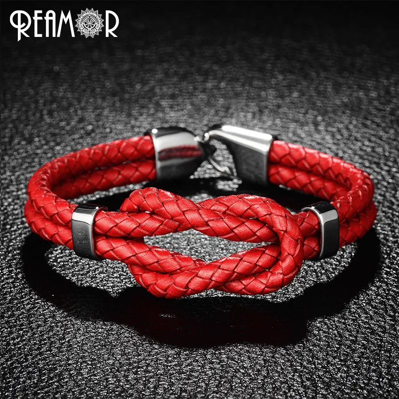 REAMOR Trendy Woman Cuff Bracelet 316L Stainless Steel Buckle Lucky Red Knot Braided Leather Rope Bracelets & Bangles Men